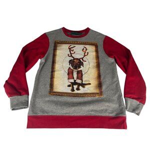 Ugly Christmas Fleece Dog Deer Sweater Sweatshirt Top Men's S Gray Red Holiday